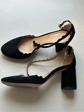 Chloé Lauren Black Suede Scalloped Ankle Strap Block Heel Pumps EU 38